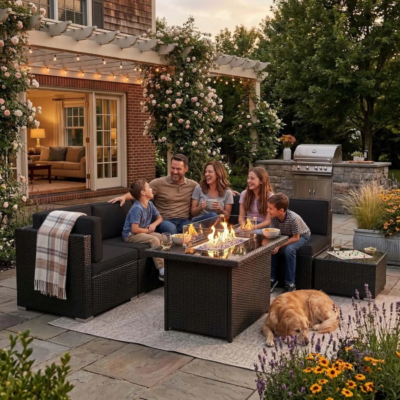 Outdoor Furniture Set With Fire Pit - طقم أريكة من 8 قطع مصنوع