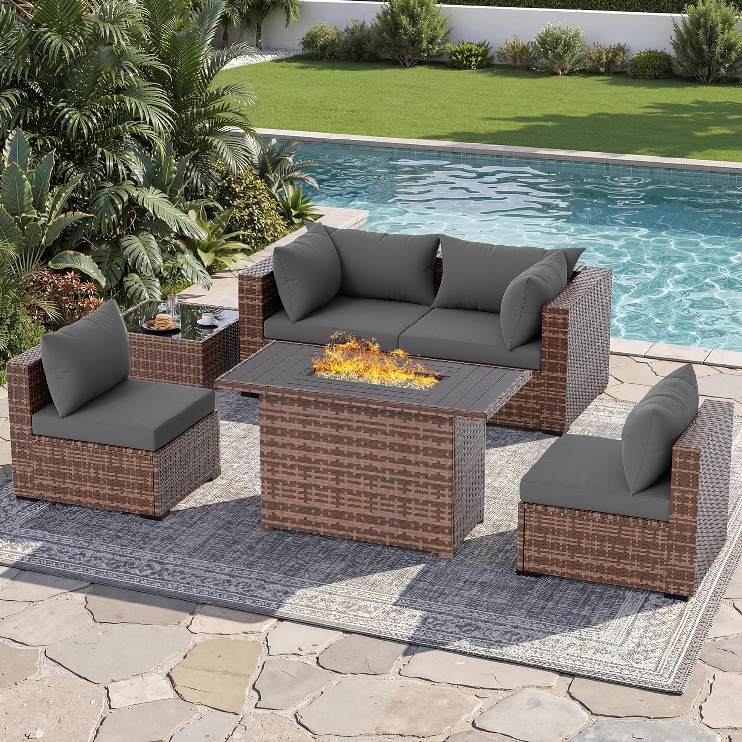 طقم أريكة خارجية من 5 قطع مع ط - مراجعة Outdoor Furniture Set With Fire Pit وسعره